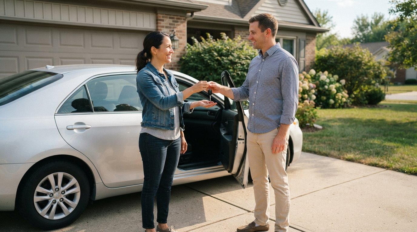 One adult hands car keys to another adult beside a silver sedan in a sunny suburban driveway