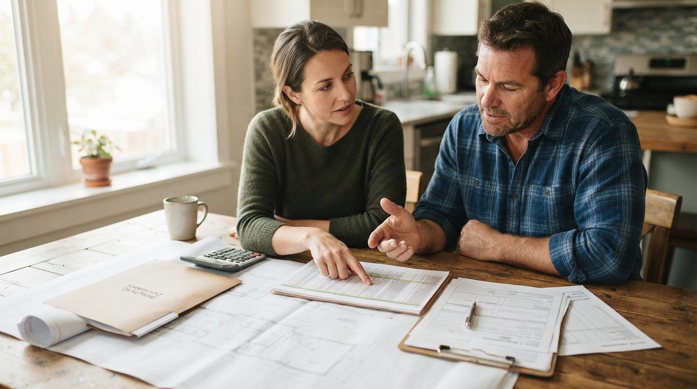 Homeowner pointing at a cost breakdown while a contractor explains permit paperwork and a fee schedule spread across a…