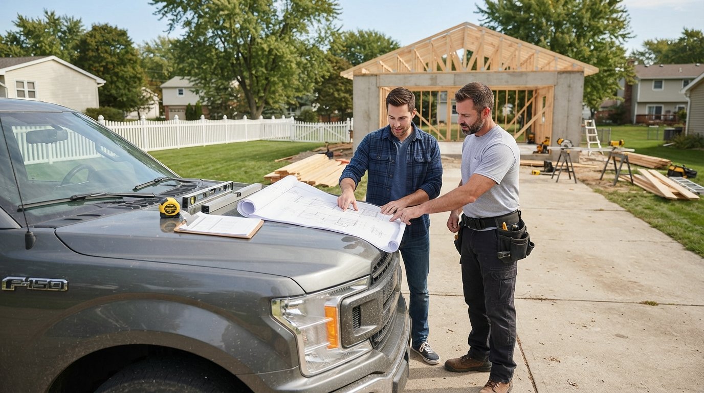Homeowner and contractor review blueprints on a pickup truck hood, with a framed detached garage and foundation behind them