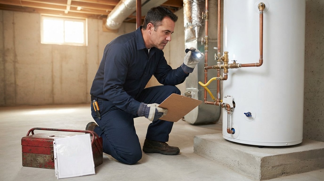 Plumber in navy uniform kneels beside a new white tank water heater, checking the pressure relief valve with a flashlight