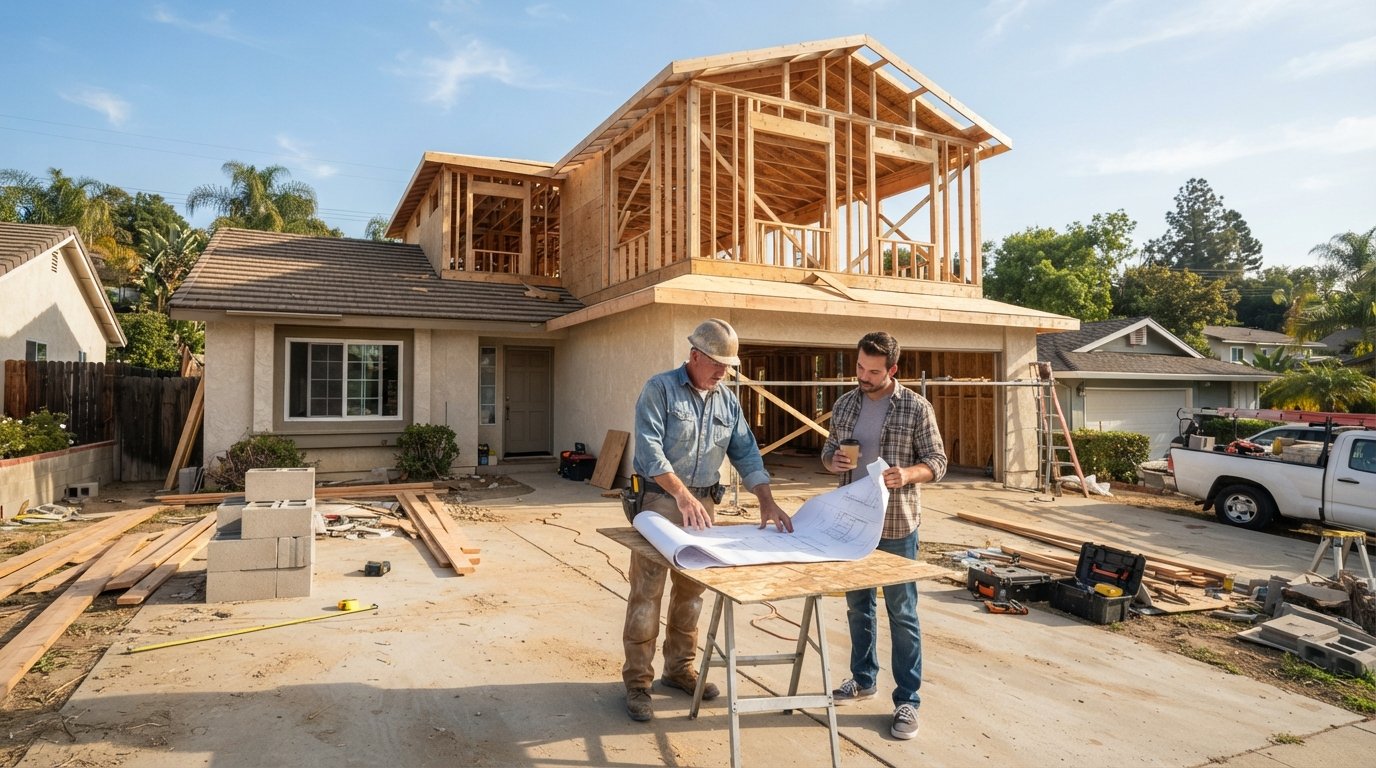 Contractor in hard hat and homeowner review blueprints beside a framed second-story addition on a California suburban house