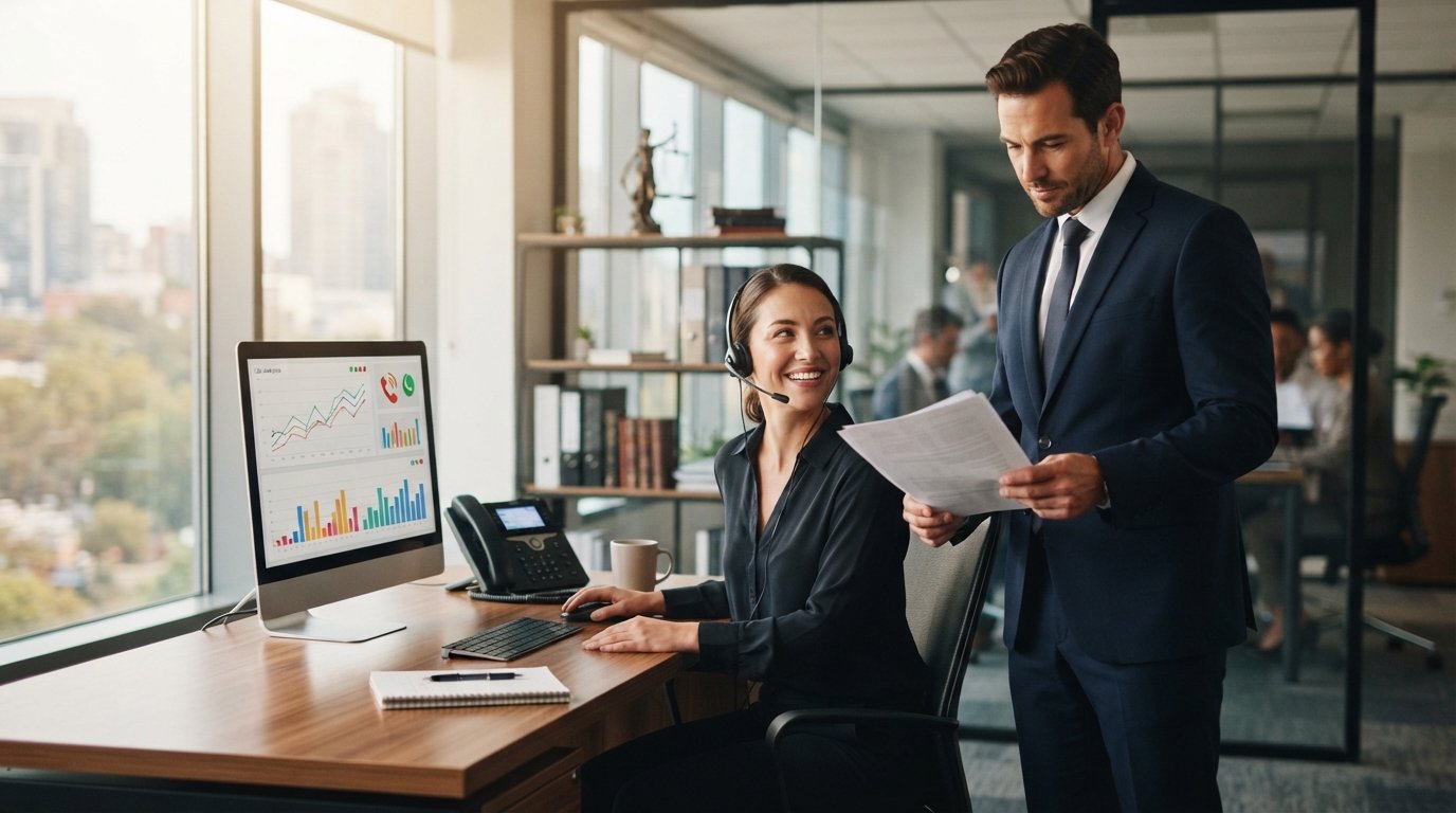 Receptionist with headset at a modern law office desk reviewing call analytics graphs while an attorney in a dark suit…
