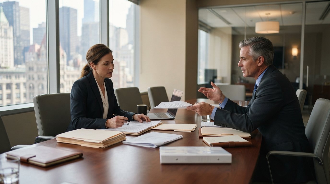 Two attorneys in dark suits seated across a mahogany conference table reviewing legal documents, folders, and a laptop in a…