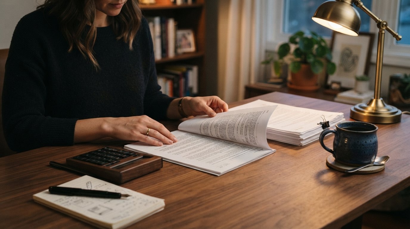 Hands reviewing a settlement document at a wooden desk beside a calculator, pen, papers, and a coffee mug