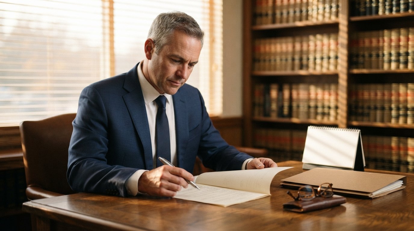 Attorney in a navy suit at a wooden desk reviewing a legal document beside a desk calendar, pen, file folder, and reading…