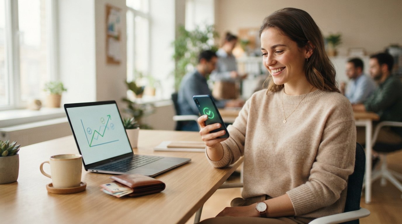 Person in business-casual attire holding smartphone with green checkmark at desk, laptop showing approval graph, wallet and…