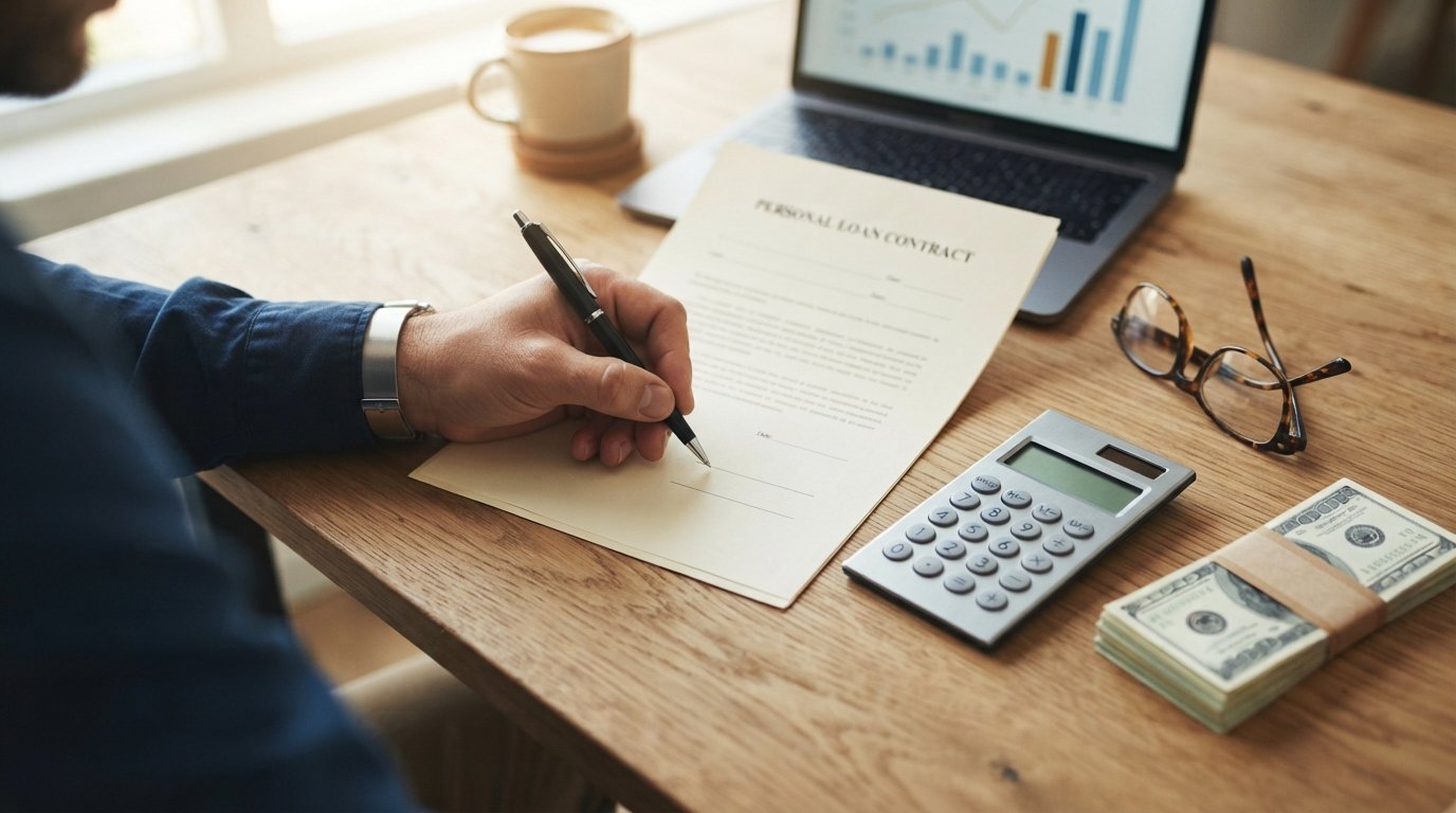 Hand signing a personal loan contract on a wooden desk, with a calculator, reading glasses, and U.S. dollar bills nearby