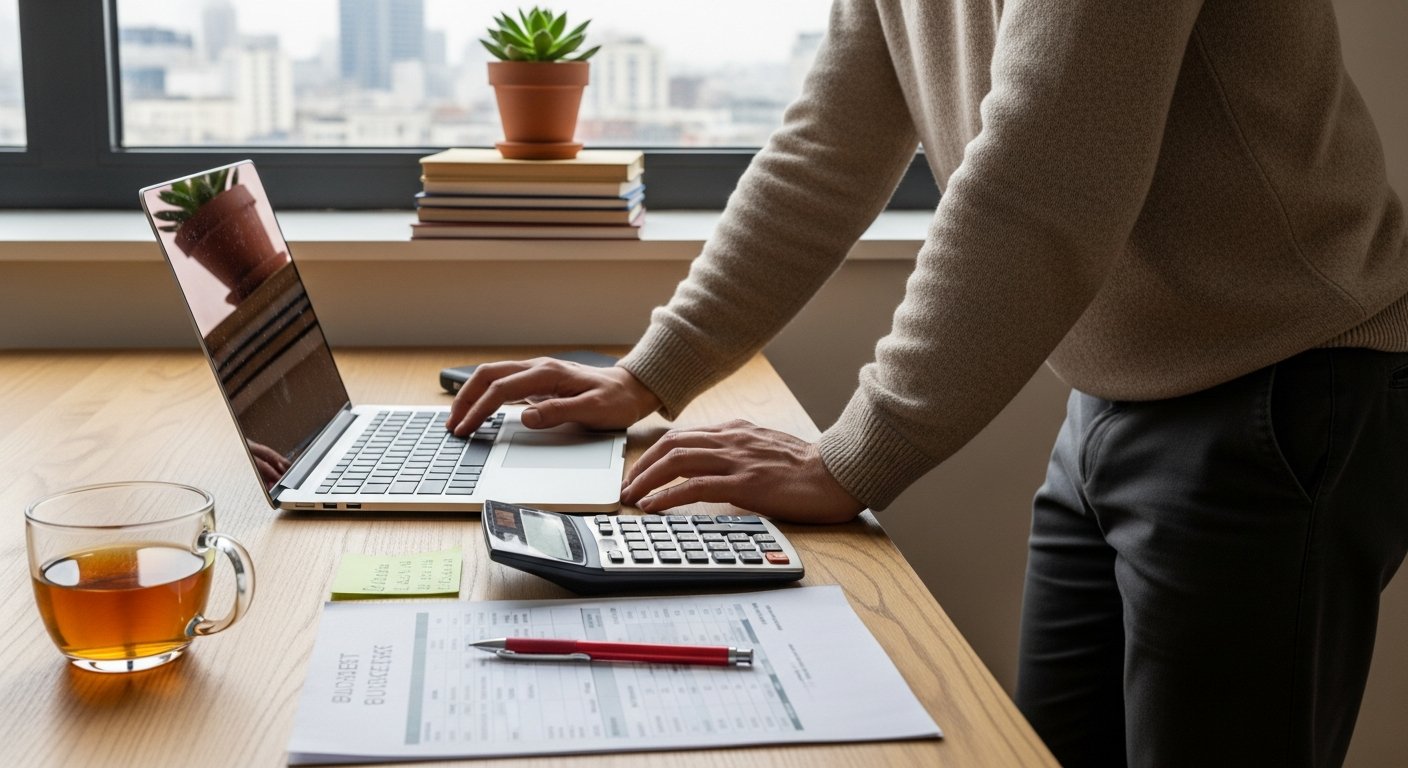 Person in business casual attire calculating loan payments on a laptop with a financial calculator and budget sheet on a desk
