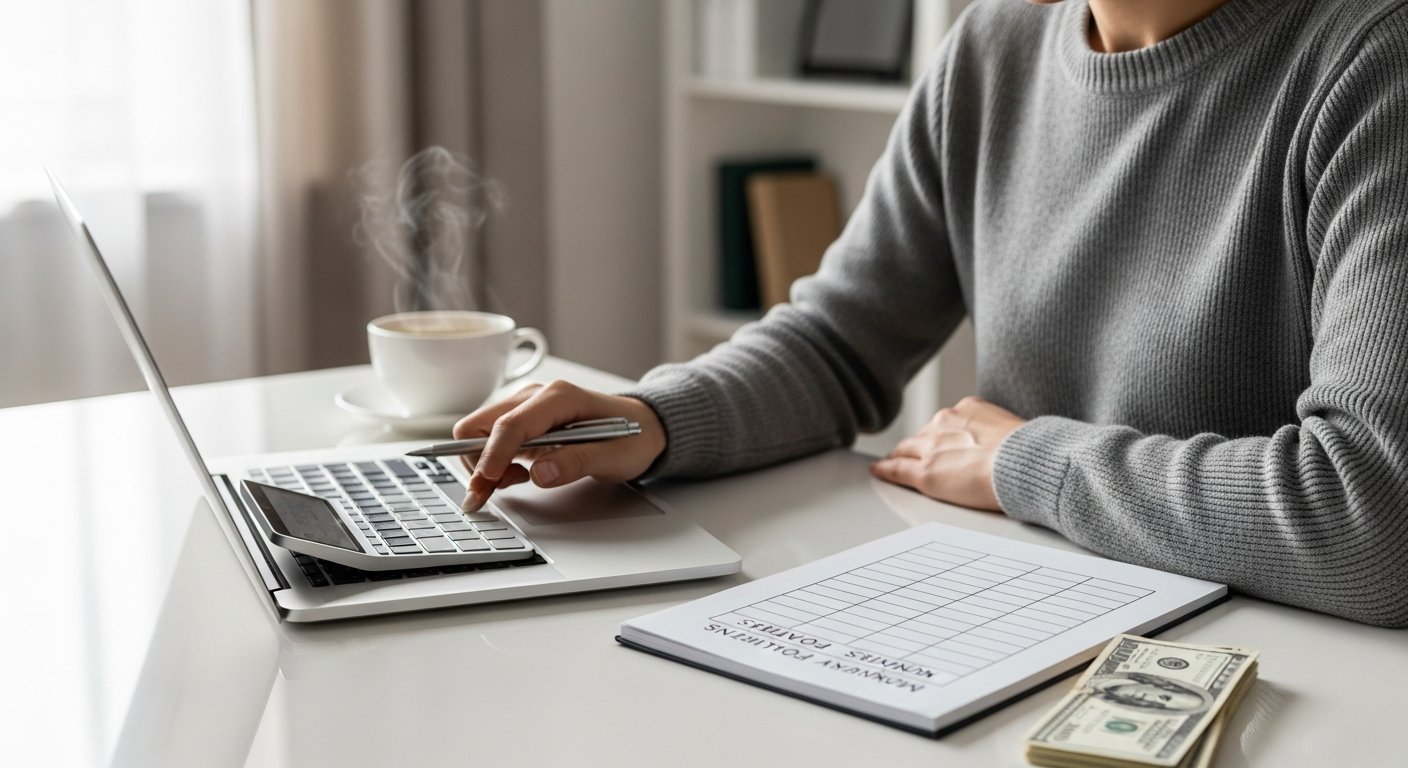 Person calculating loan payments on a laptop, with a notepad and coffee nearby