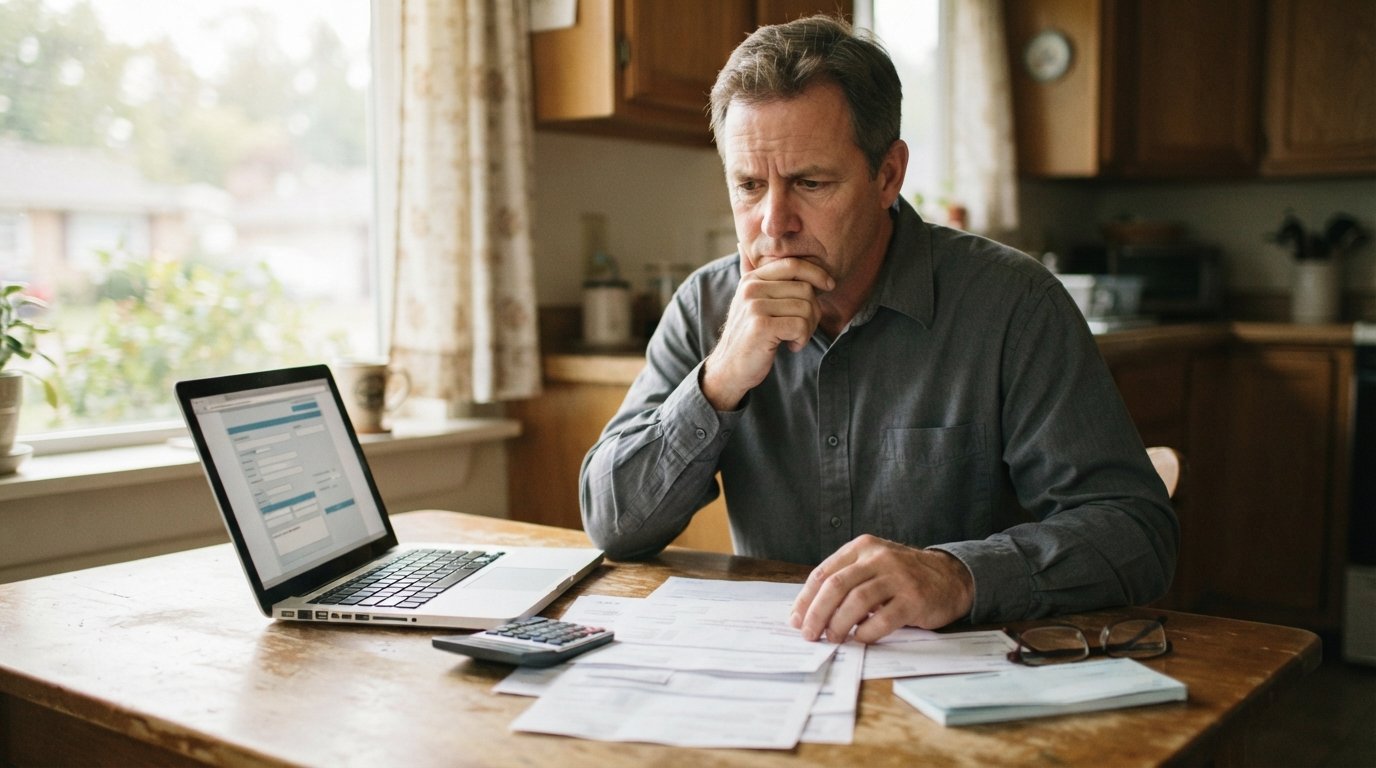 Worried middle-aged man in a gray shirt reviewing a hospital bill at a wooden kitchen table beside a calculator, checkbook,…