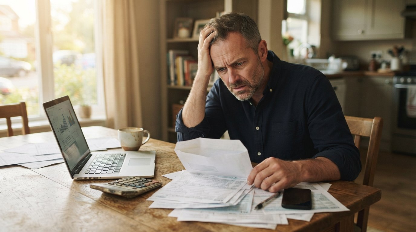 Worried middle-aged man in a navy shirt sitting at a wooden kitchen table with an open envelope, tax papers, laptop,…