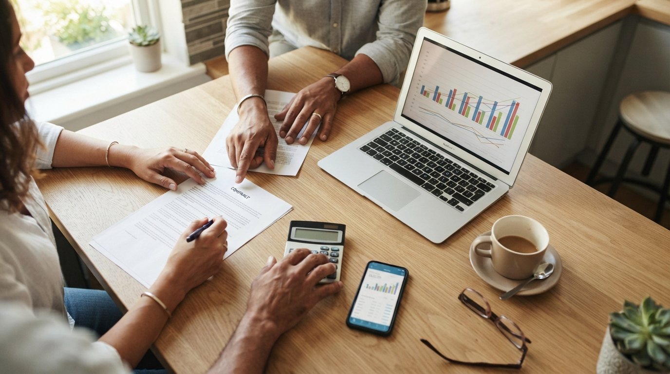 Three adults' hands comparing personal loan documents and a laptop chart at a table, with a calculator, smartphone, and…