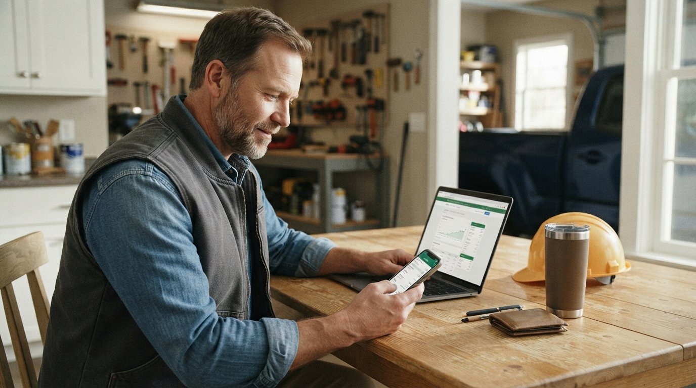 Self-employed contractor in a work vest reviews bank statements on a laptop at a kitchen table, holding a smartphone with a…