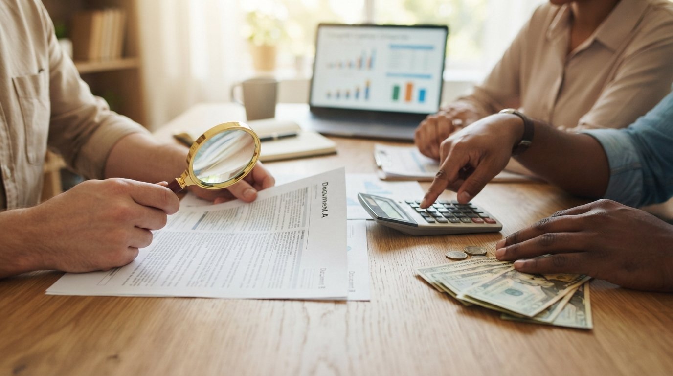 Hands comparing loan offer papers with a magnifying glass over APR details, a calculator, and cash on a desk