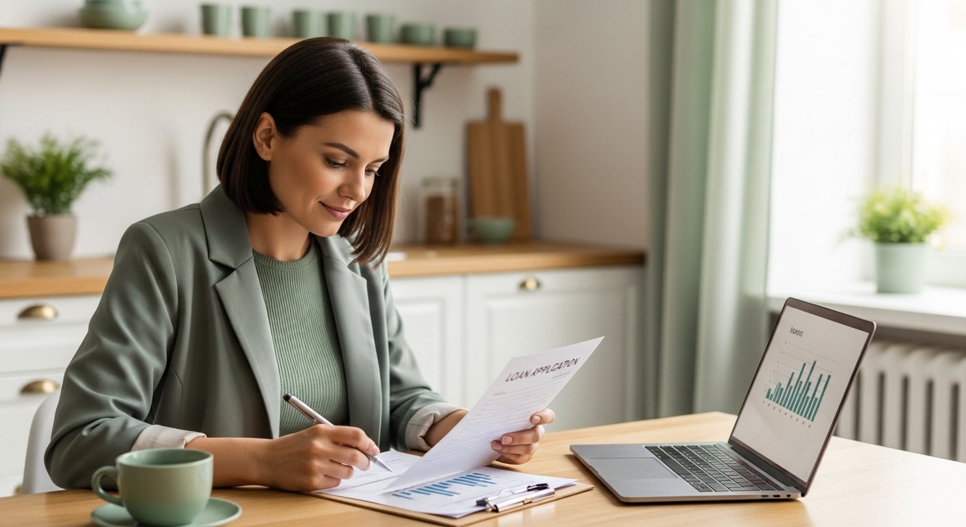 Woman in her 30s at a kitchen table reviewing a printed loan application with a pen, laptop showing a financial chart nearby