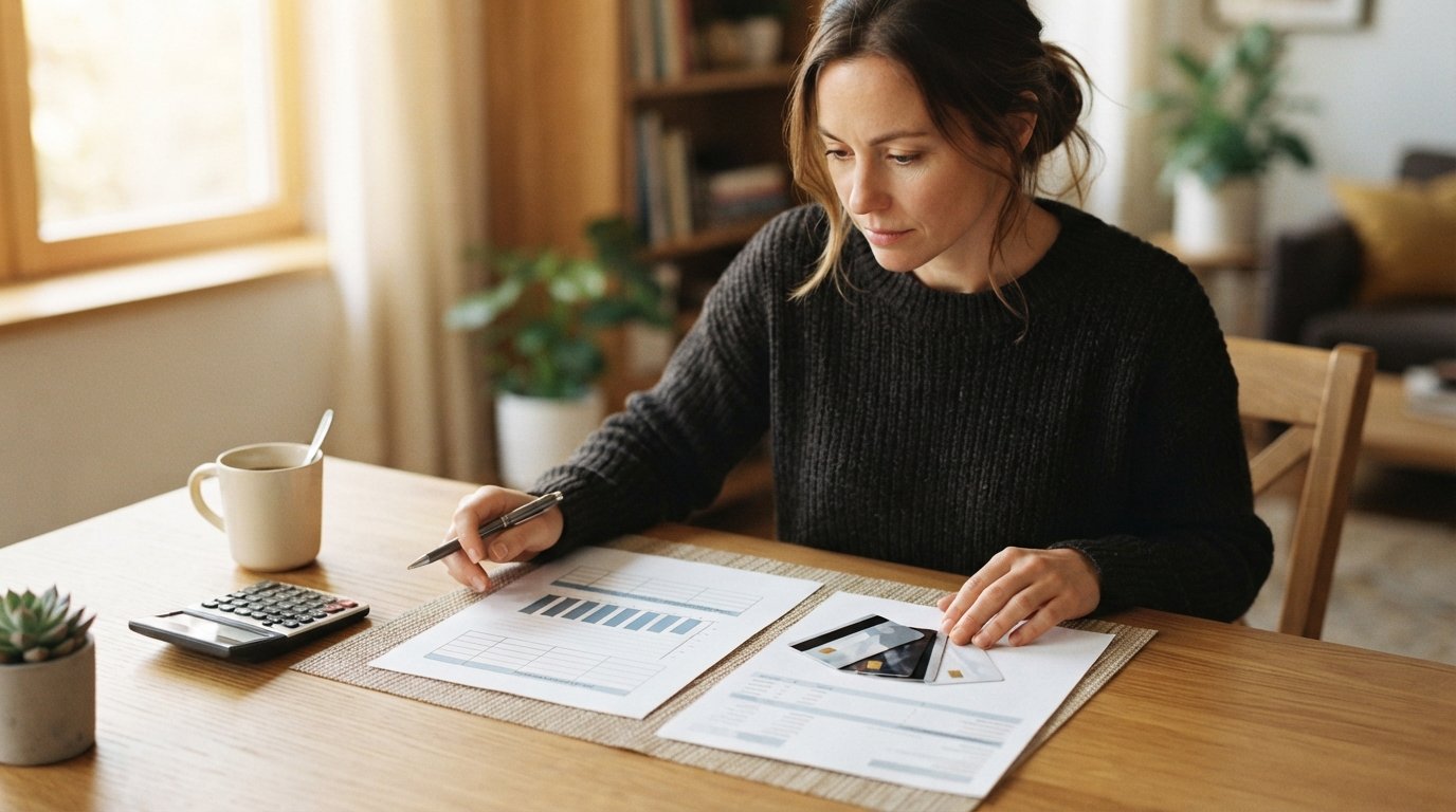 Person at a wooden desk comparing a fixed-payment loan schedule with a fan of credit cards and a balance statement, with…