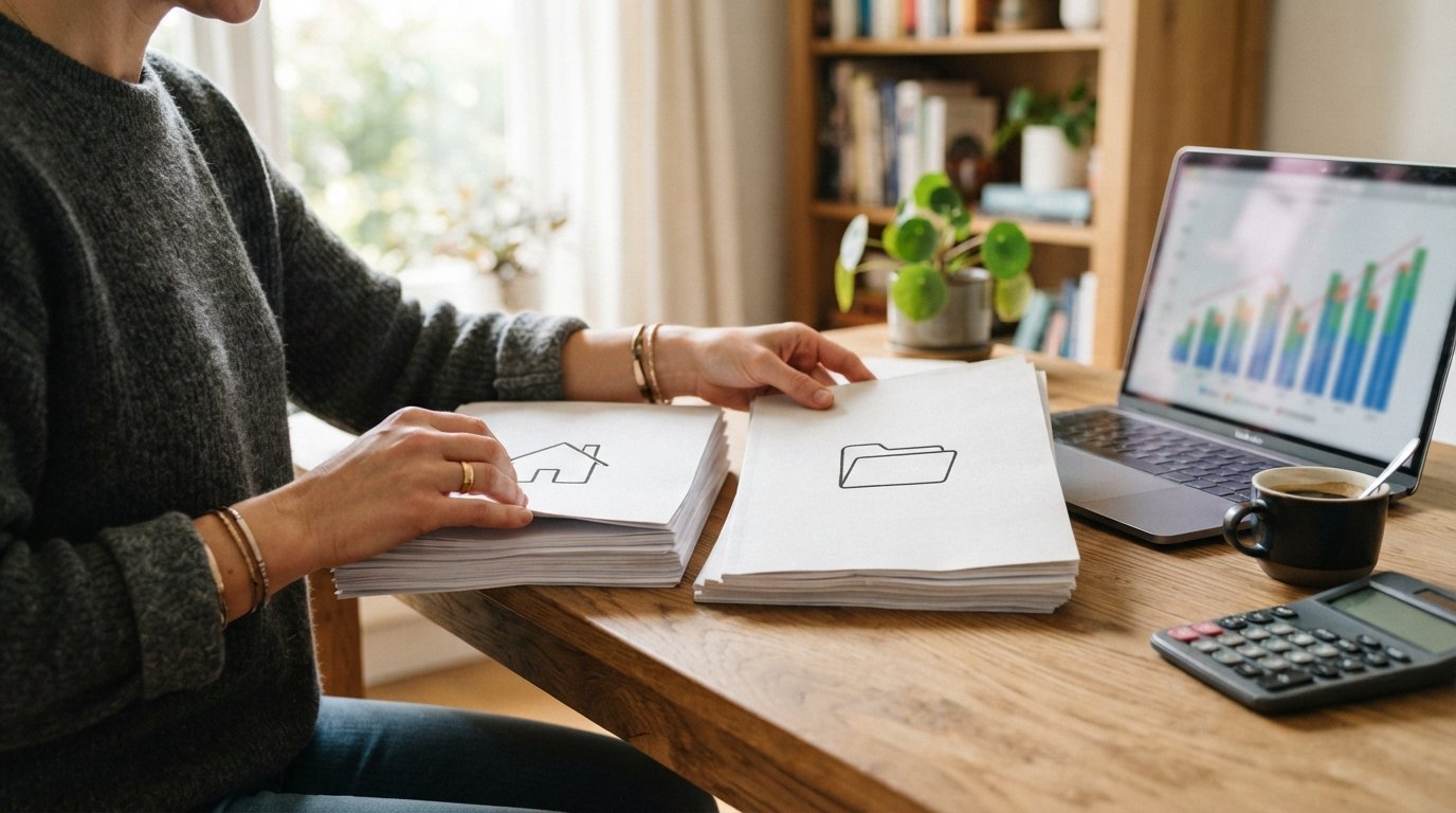 Hands comparing two document stacks on a wooden desk beside a calculator, coffee mug, and laptop showing a blurred chart