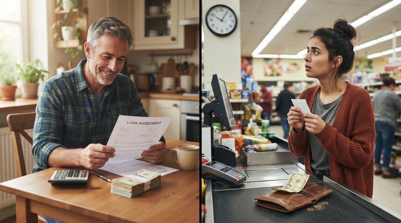 Man calmly reviewing a personal loan agreement at a kitchen table, while a woman nervously checks the time at a checkout…