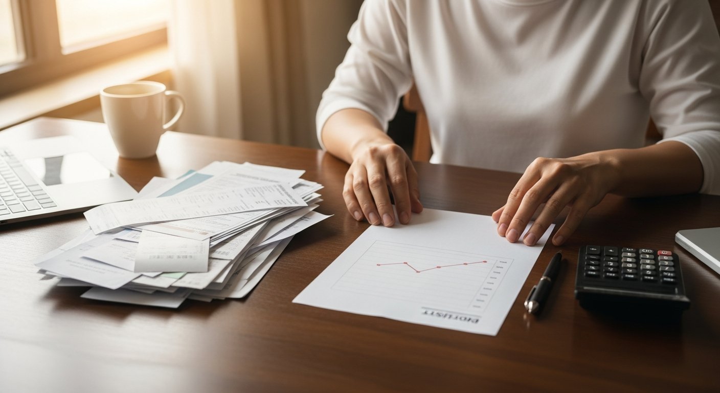 Hands sorting credit card statements and bills beside a personal loan document, calculator, and pen on a kitchen table