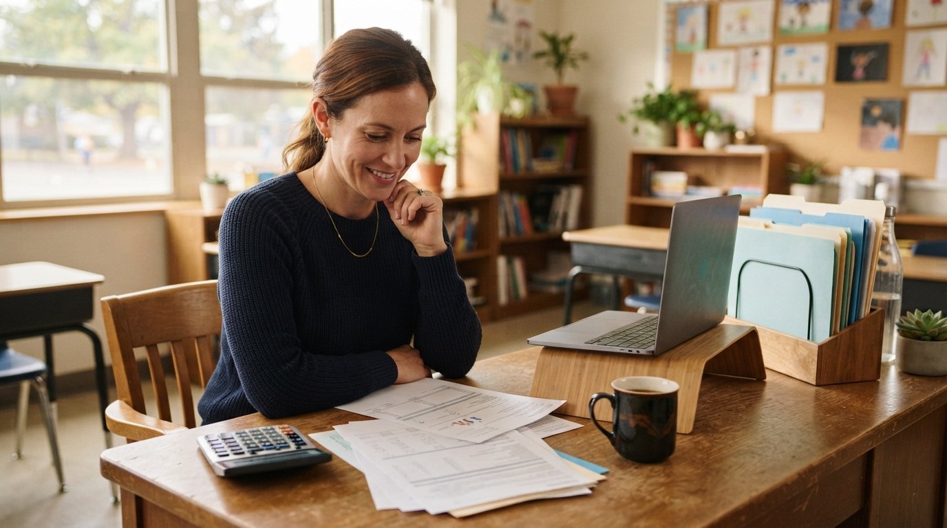Teacher at a wooden desk in a sunlit classroom reviewing loan paperwork with a calculator, laptop, coffee mug, and folders