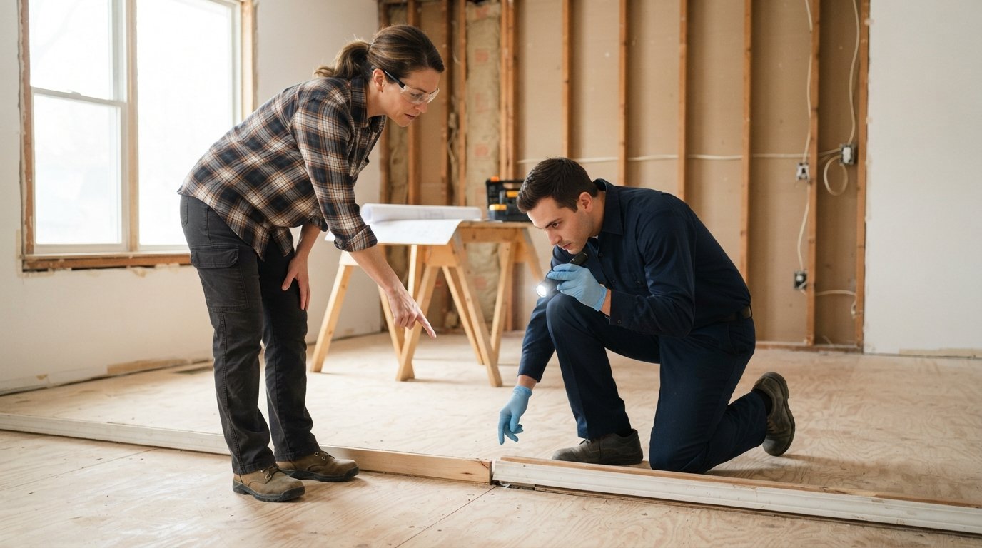 Homeowner in work clothes and safety glasses points at a baseboard while a pest control technician in a navy uniform…