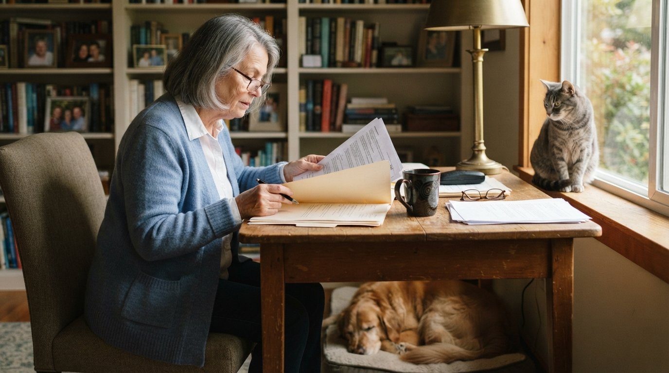Older woman in blue cardigan reviews papers at a wooden desk, golden retriever at her feet, tabby cat on windowsill