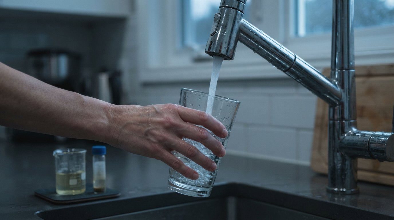 Clear water pouring from a chrome kitchen faucet into a glass held by a hand, with a water testing vial on the counter