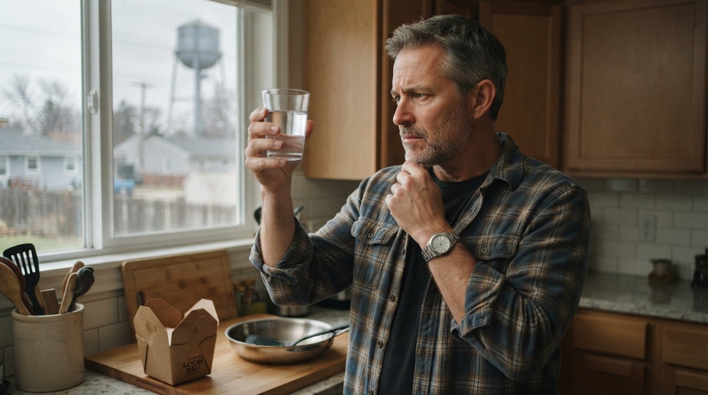 Middle-aged man in flannel shirt holds a glass of tap water to window light in a kitchen, with a nonstick pan and takeout…