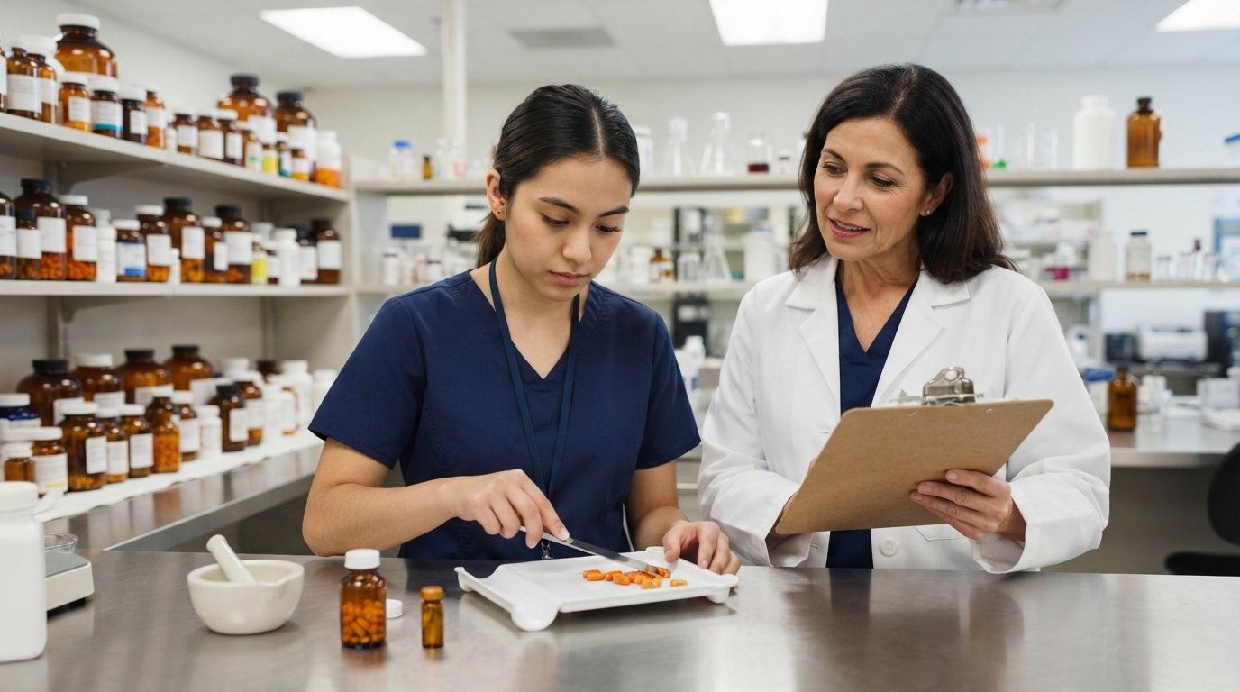 Student in navy scrubs counting capsules on a white tray while a pharmacist in a white coat reviews a clipboard beside…