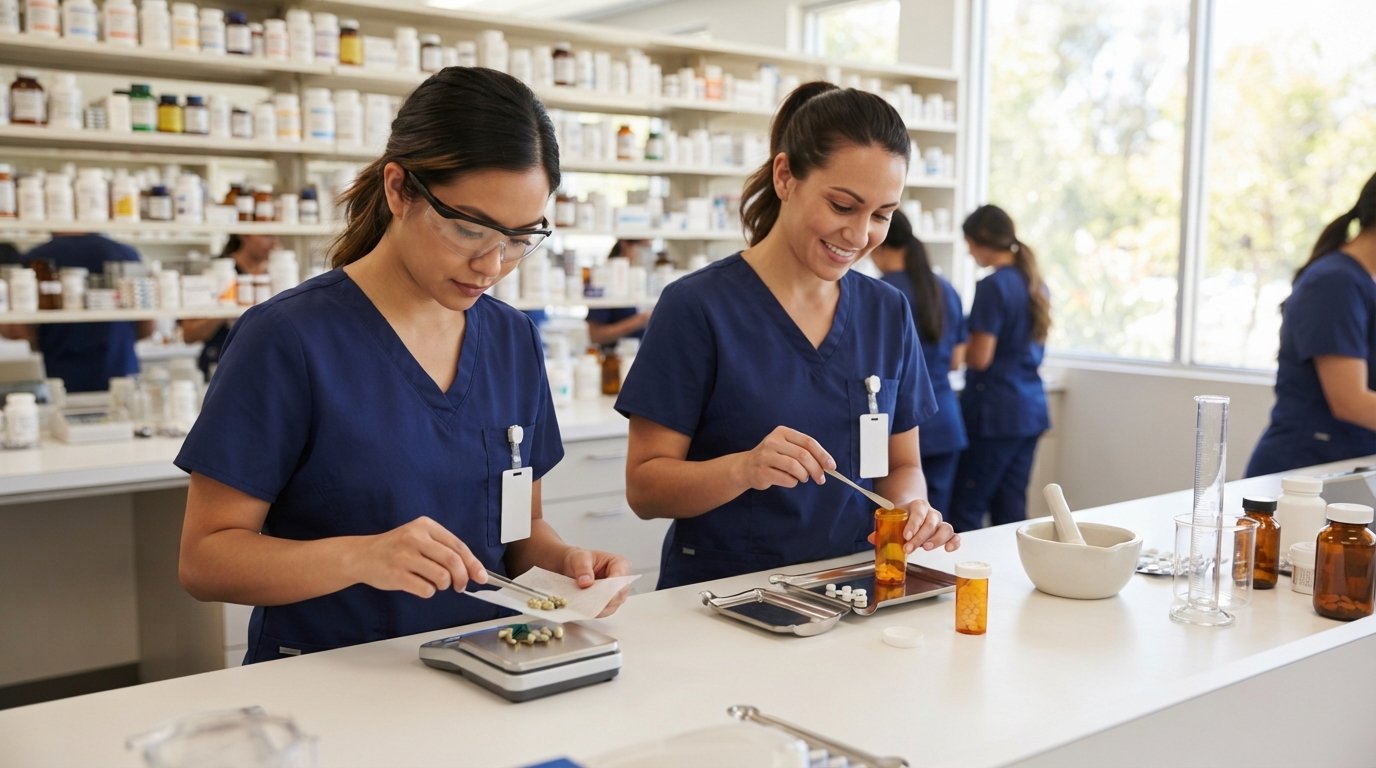 Two pharmacy technician students in navy scrubs at a white lab counter, one weighing capsules on a digital scale and the…