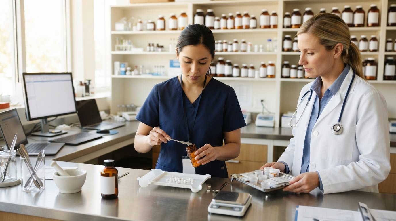 Student in navy scrubs counting pills into an amber vial at a pharmacy counter while an instructor in a white coat reviews…