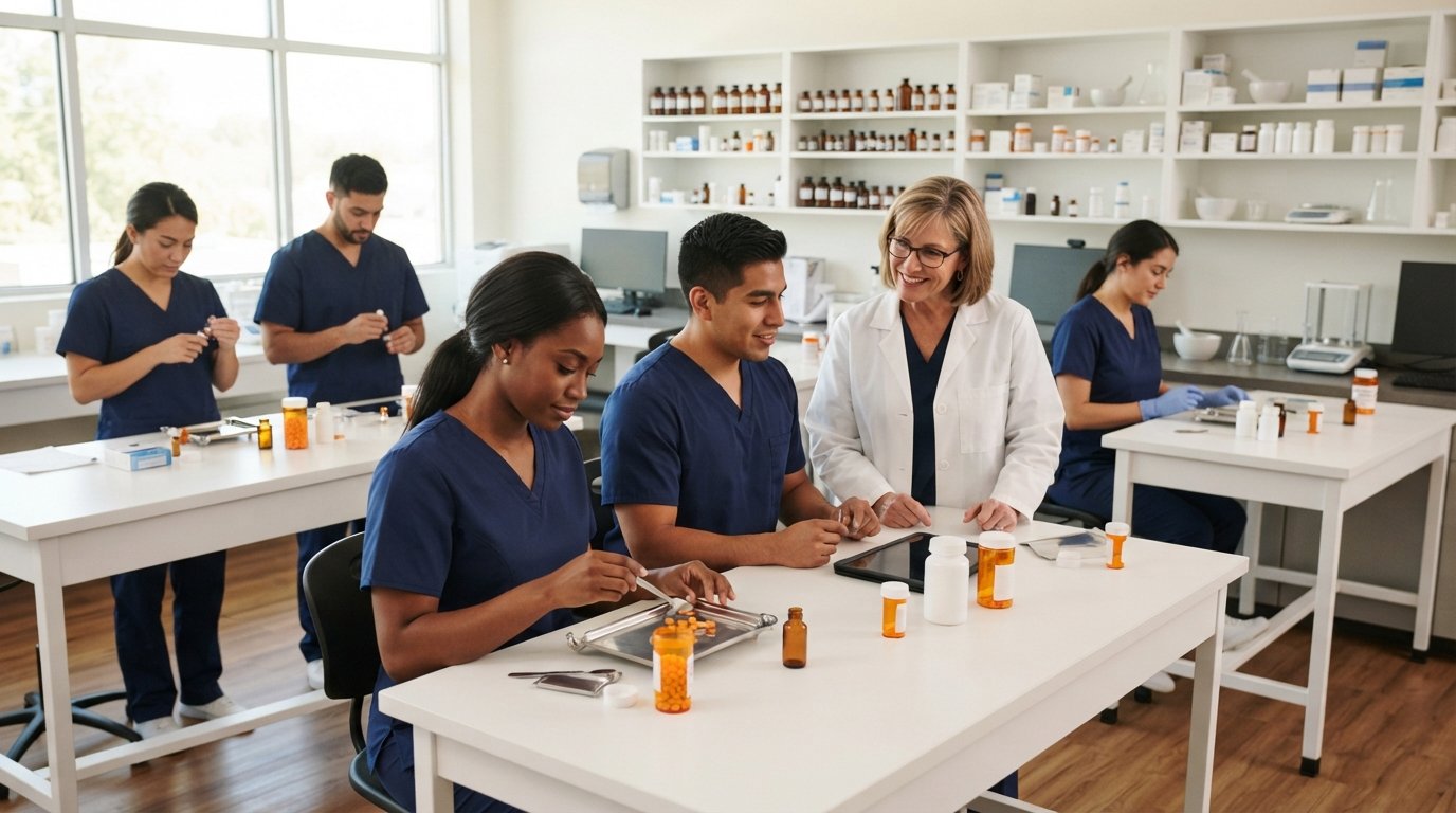 Adult students in navy scrubs fill prescriptions at white lab benches while an instructor in a white coat assists, with…