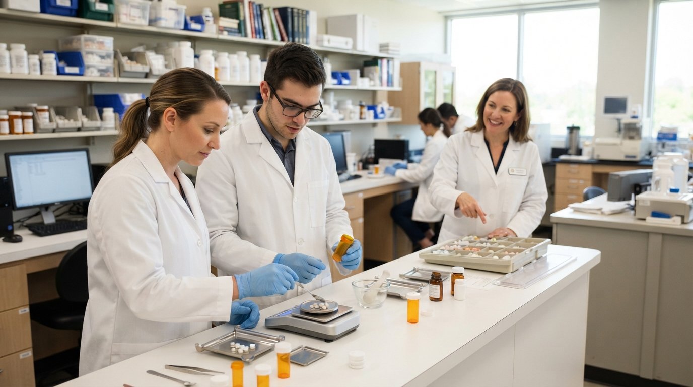 Two students in white lab coats and blue gloves count pills at a white counter with a digital scale, mortar and pestle, and…