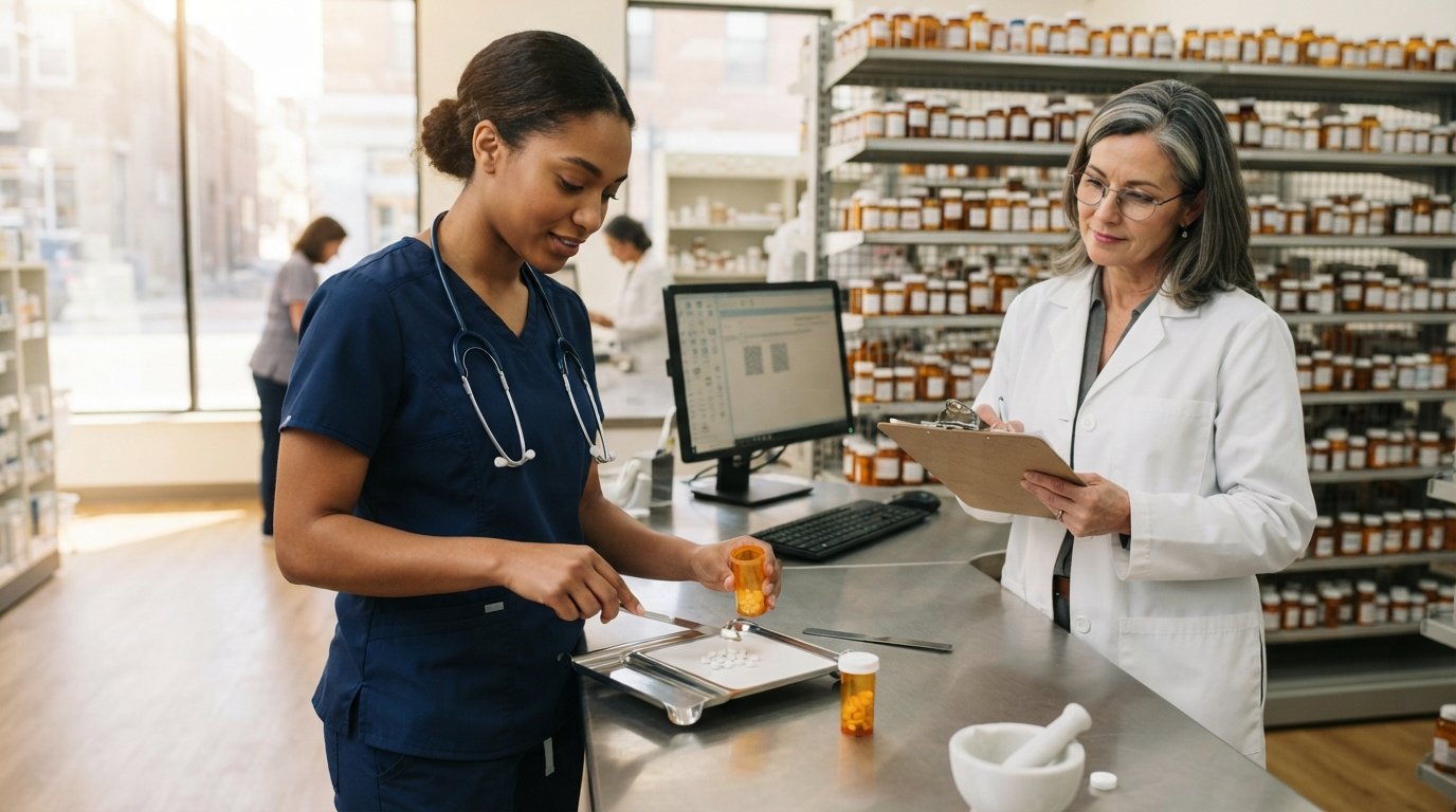 Student in navy scrubs counting pills into an amber vial at a pharmacy counter while a pharmacist with a clipboard stands…