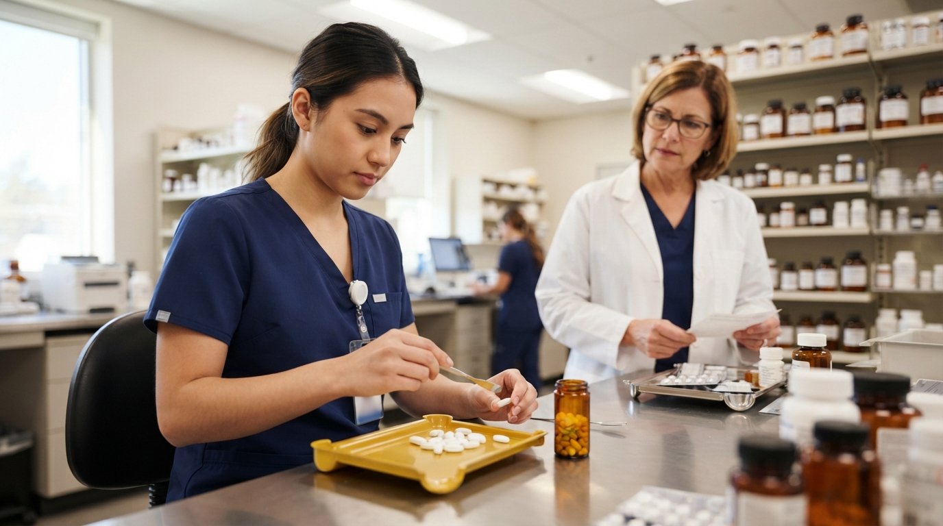 Student in navy scrubs counting pills into an amber vial at a stainless steel counter while a pharmacist in a white coat…