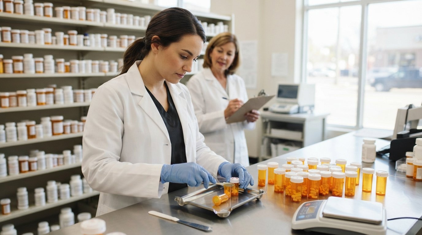 Student in white lab coat and blue gloves counts labeled medication vials at a pharmacy counter as a pharmacist mentor…