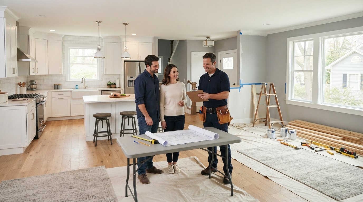 Renovated white kitchen next to a living area with drop cloths, stepladder, paint cans, and stacked lumber as a contractor…