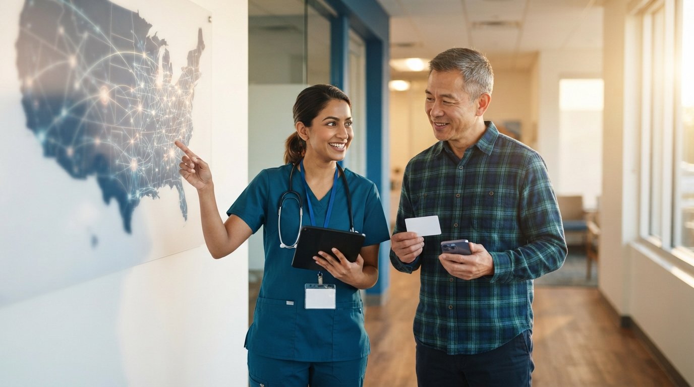 Female doctor in teal scrubs points to a US network map while a male patient holds an insurance card and smartphone in a…