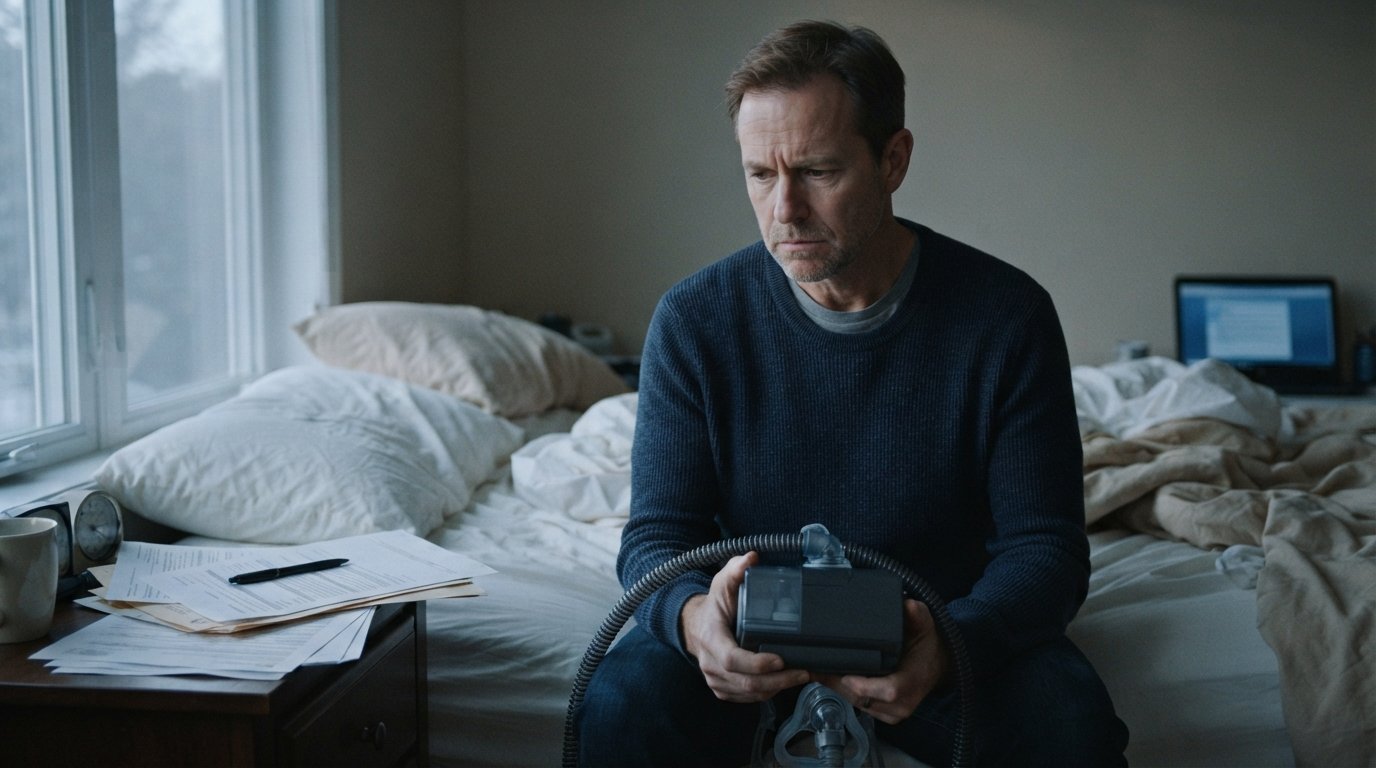 Middle-aged man sitting on bed at dawn holding a Philips Respironics CPAP machine with tubing and mask, legal papers on…
