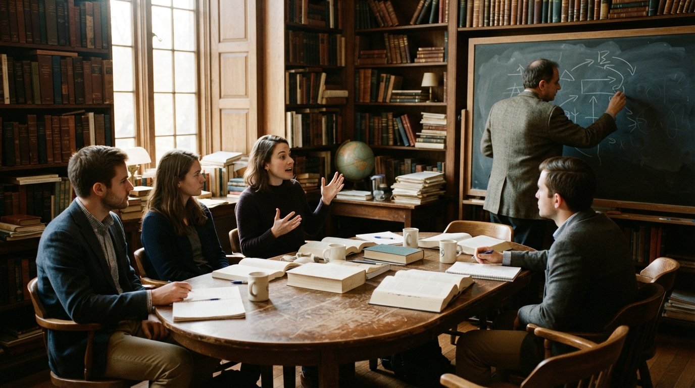 Five adult students discuss texts around an oval table in a wood-paneled seminar room as a professor writes on a chalkboard