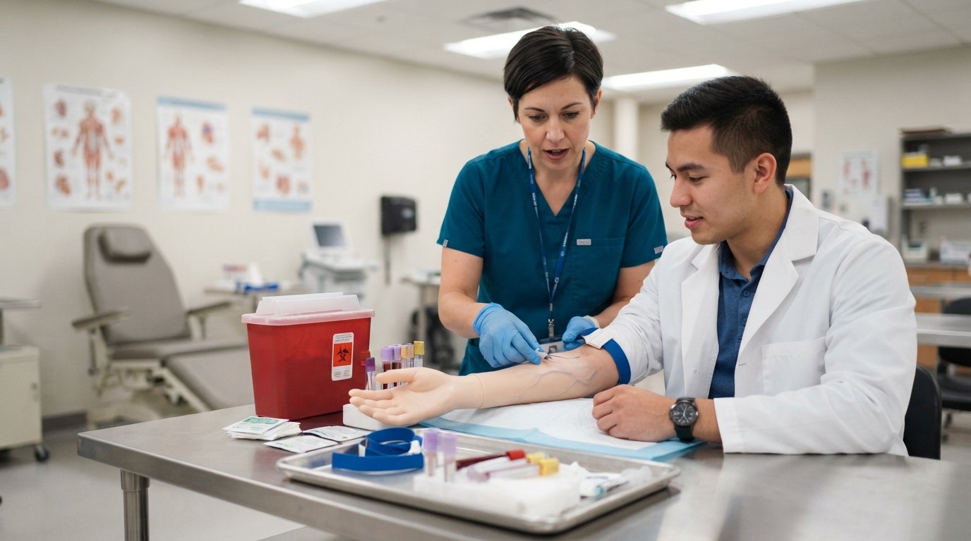 Female instructor in teal scrubs guides male student in white lab coat practicing venipuncture on simulation arm with blood…