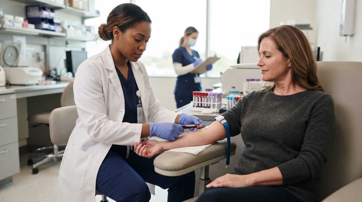 Phlebotomist in navy scrubs and lab coat drawing a blood sample from a seated patient in a bright clinical lab