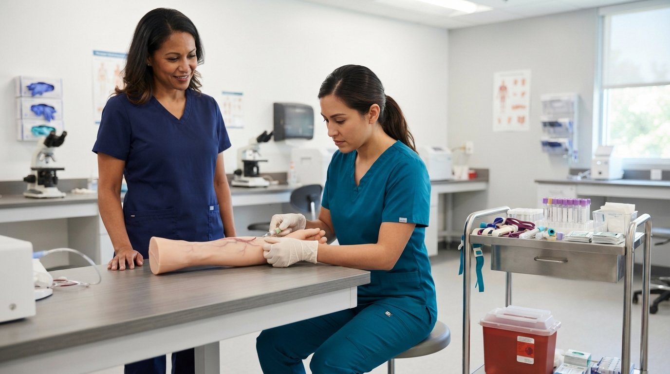 Student in teal scrubs practices venipuncture on a training arm as an instructor observes in a clinical lab.