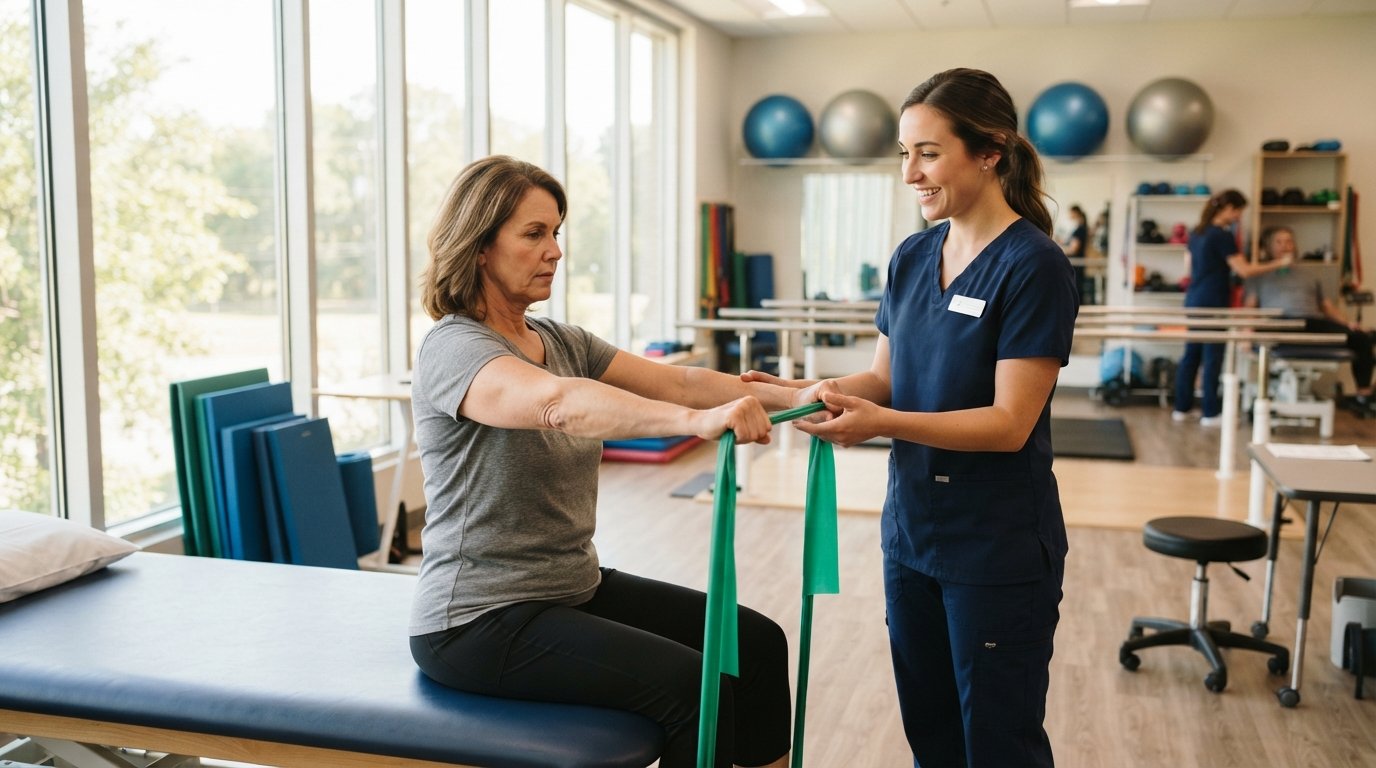 Physical therapy assistant in navy scrubs guiding a middle-aged patient through a resistance band exercise on a padded…