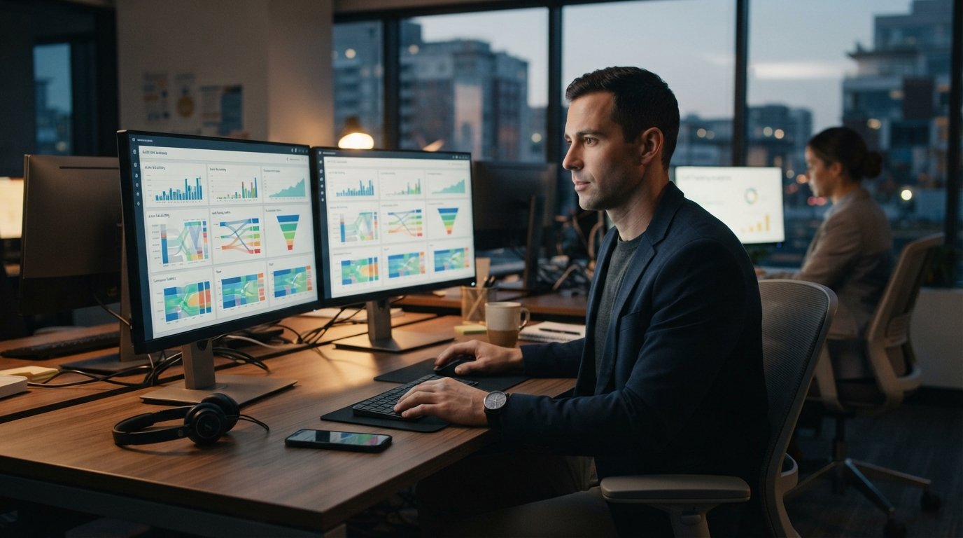 Professional in navy blazer at dual monitors reviewing a live lead auction dashboard with bid activity and routing for…