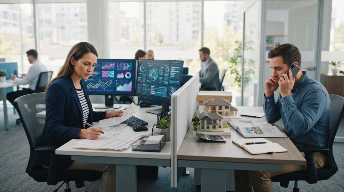 Two mortgage advisors in business casual attire work in a bright office; one reviews loan documents at a dual-monitor…