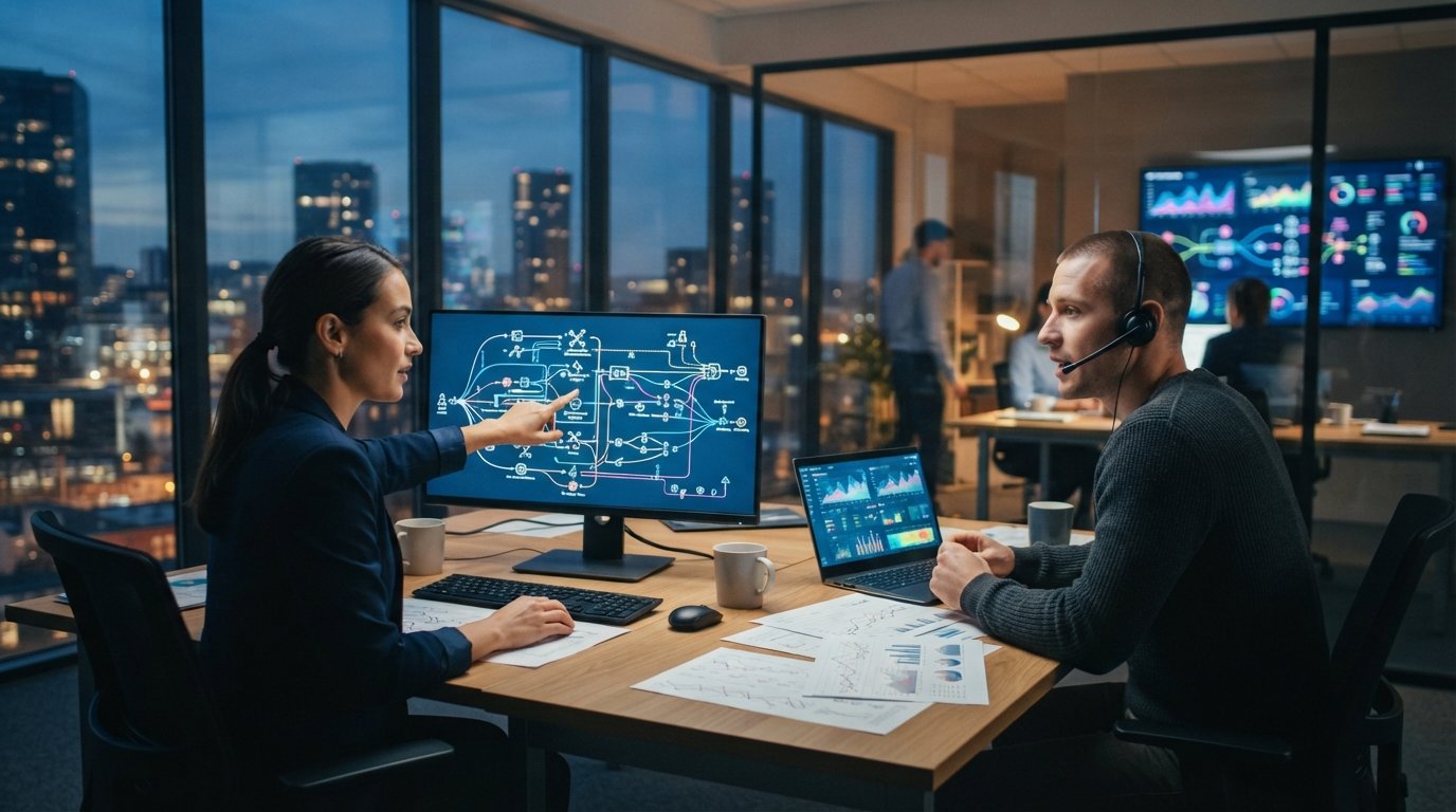 Two business-casual professionals at a shared desk reviewing lead distribution dashboards with bid-request flows and…