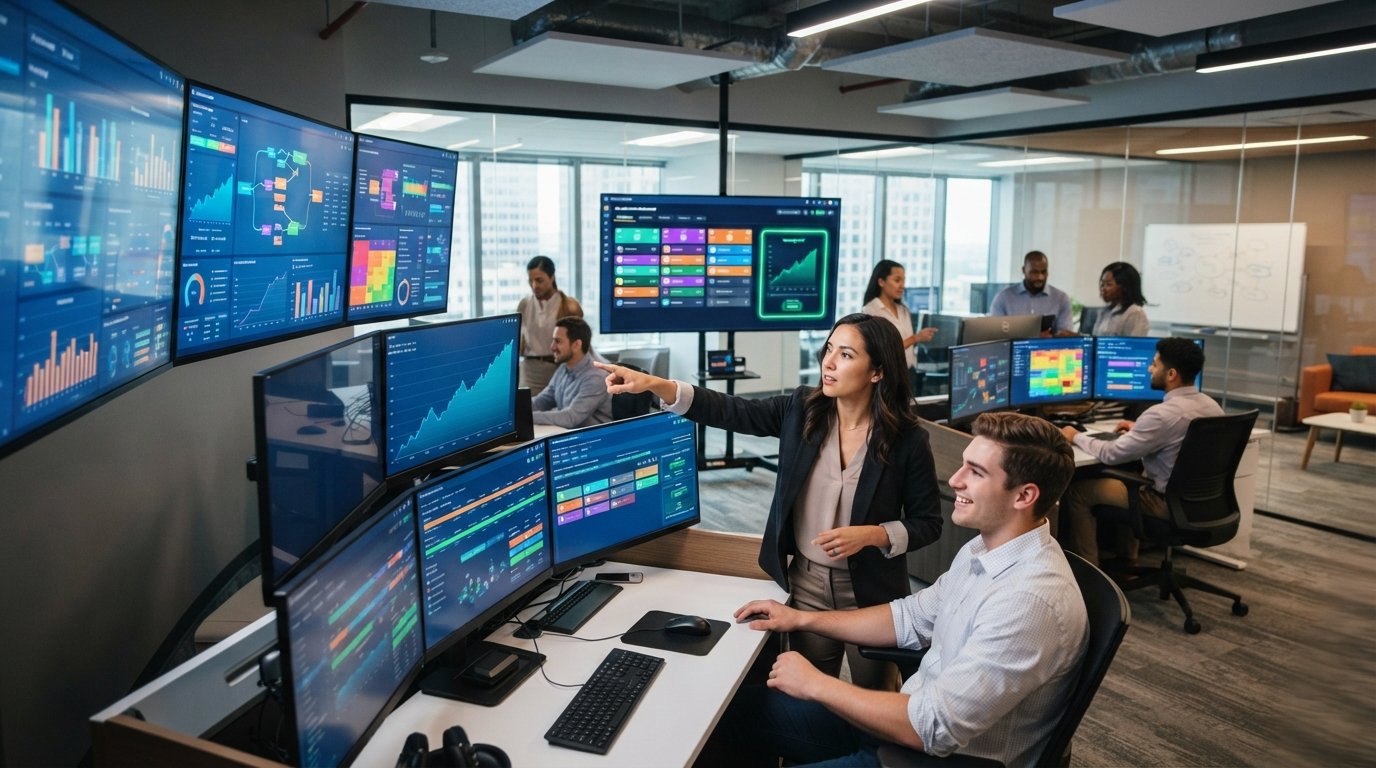 Diverse team at workstations reviewing real-time auction dashboards, bid comparison charts, and lead routing diagrams on…