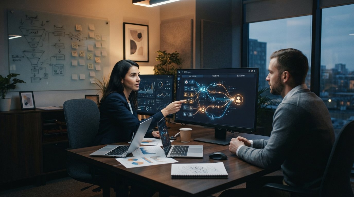 Two professionals review a dual-monitor dashboard showing anonymous lead cards in a bidding queue with blue and amber node…