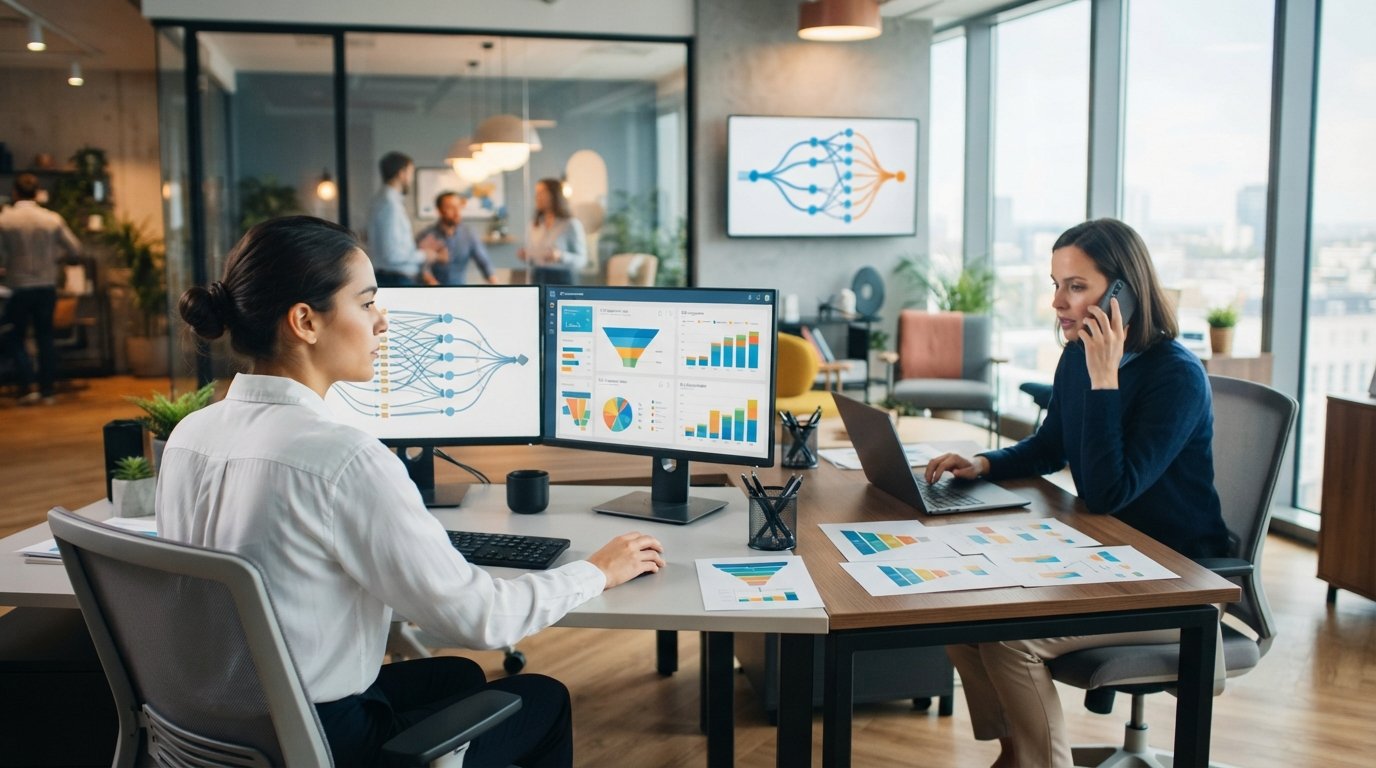 Marketing analyst at dual monitors showing lead flow diagrams and bid charts, with a colleague on a phone nearby